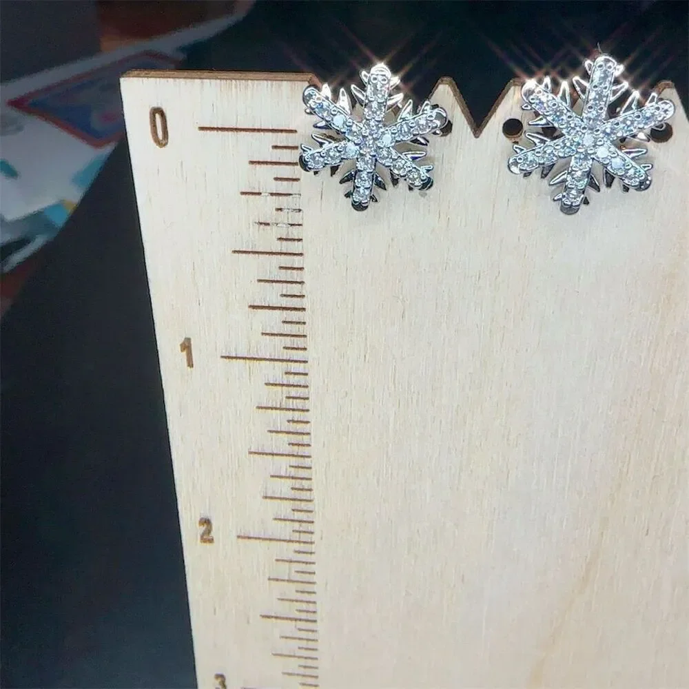 Silver Snowflake Crystal CZ Stud Earrings Christmas Theme - Picture 2 of 8
